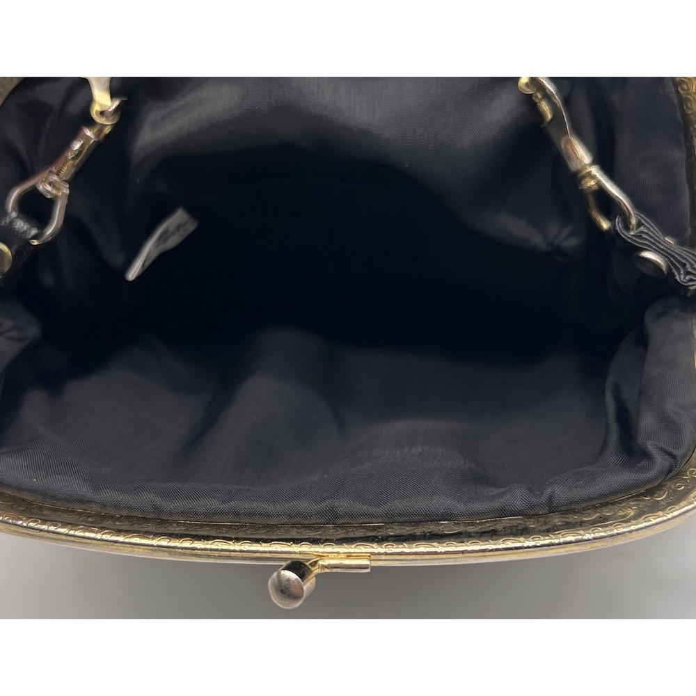 Vtg La Regale Black Pleated Satin‎ Evening Bag Gold Kiss Lock Clasp & Strap - Picture 6 of 7